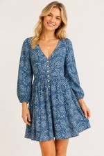Madewell Mini Dress Sz XS Bubble Sleeve Button Front Indigo Paisley 100% Cotton