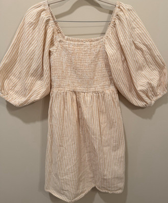 Billabong Beige & White Striped Smocked Balloon Sleeve Mini Dress Square Neck M