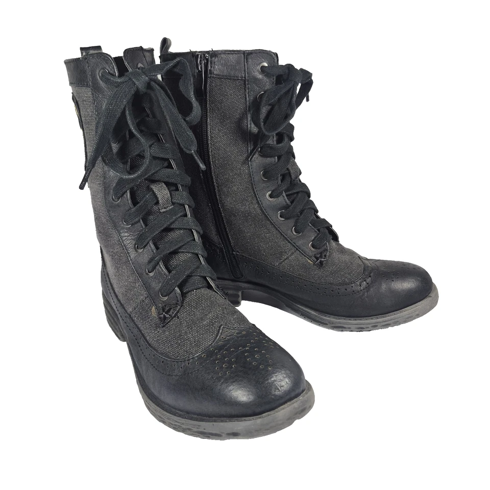 Very Volatile 女式 Combat Grunge 朋克靴黑色皮革帆布花边拉链 7 — 第 3/4 张图片