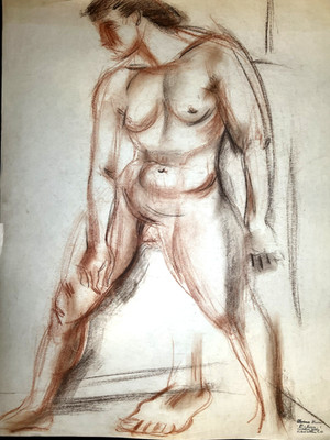 Standing Female Figure Bertram Hartman 20th Century Conte Drawing NYC Modernist