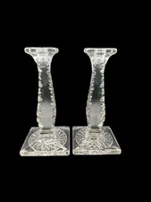 Pair of Antique 1909 Edwardian Fry Glass Co. Crystal candleholders 8” Tall