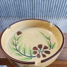 Vintage 70s Stoneware Ceramic Ashtray Mid-Century Floral  5 INCH