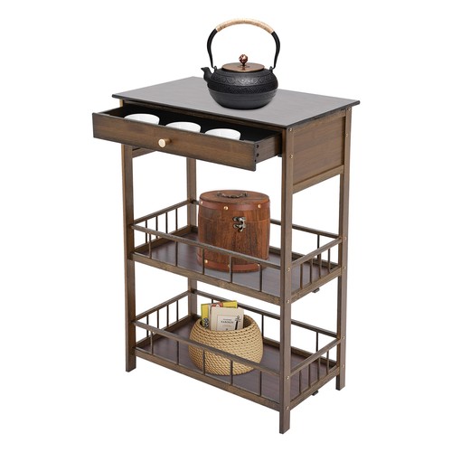3 Tiers Side Table Side Table with Storage Drawer Bamboo End Table Tea Table - Picture 5 of 17