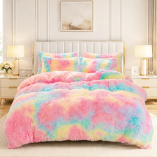 Shaggy Duvet Cover Set Twin Size for Girls Rainbow Tie Dye Comforter Cover Set F