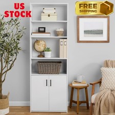 Traditional 5 Shelf Bookcase with Doors, Soft White Finish