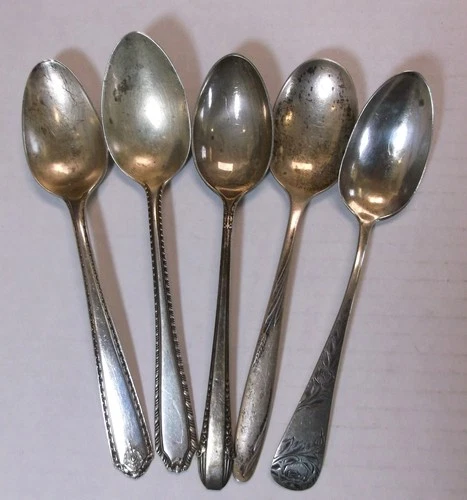 5-pc Variety lot of Antique Sterling teaspoons ~ 127.03 grams TW