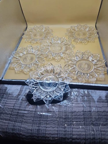 Vintage Federal Cut Glass Petal Cross Bread & Butter Plates - Set Of 6 Free Ship