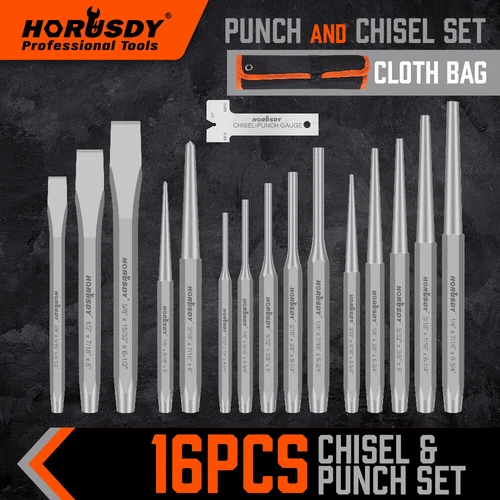 HORUSDY 16Pc Punch & Chisel Set Tapered Center Punch Cold Chisels Pin Punch 