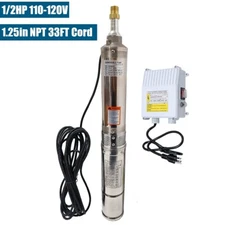 1/2HP 4" Deep Well Submersible Pump 110V 25GPM 150ft Max 33ft Cord w/Control Box