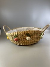 Raffia Basket W/Handles Round Burlap Lined Fr...