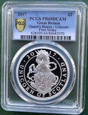 1oz Silver, 2017 Q.B.Unicorn, PCGS PR-69 D/Cam, F/S, Gold Shield, 1 of 4.