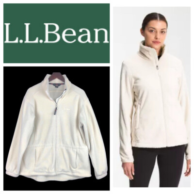 LL Bean Outdoors Large 12 14 Jacket Coat Fleece Ivory Full Zip Up   xx
