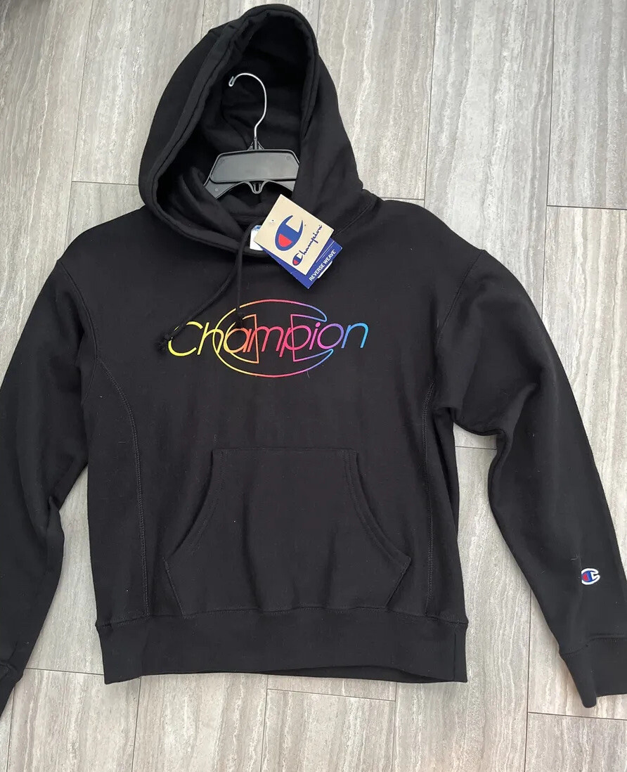 CHAMPION Reverse Weave Black Hoodie Sweatshirt Womens Size Small