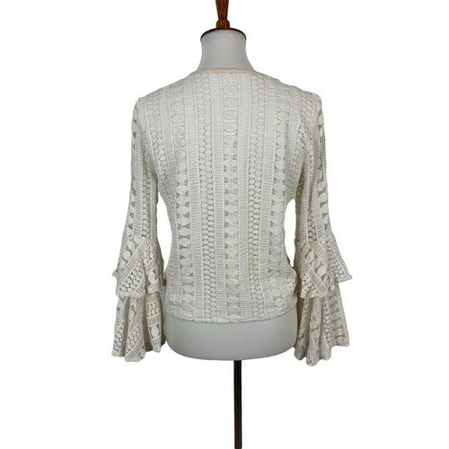 Hummingbird Boho Crochet Bell Sleeve Button Front Tie Hem Top Small White - Picture 5 of 7