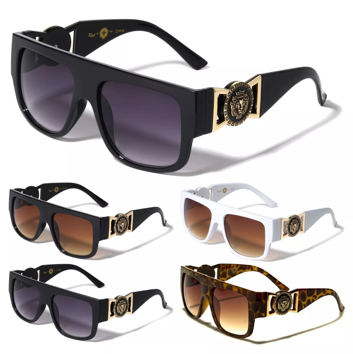 SQUARE FLAT TOP GOLD LION HEAD MEDALLION SUNGLASSES RETRO DESIGNER