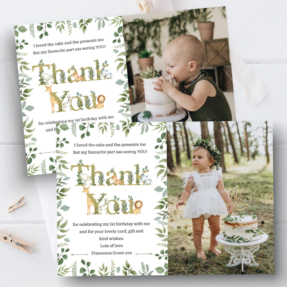 Personalised Photo Thank You Cards Jungle Thank You Notes Birthday Baby x10 - Image 2 of 4