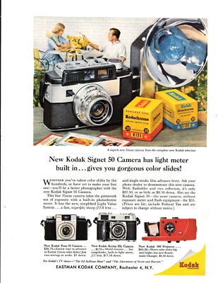 1958 Print Ad Eastman Kodak Signet 50 camera has light meter built color slides