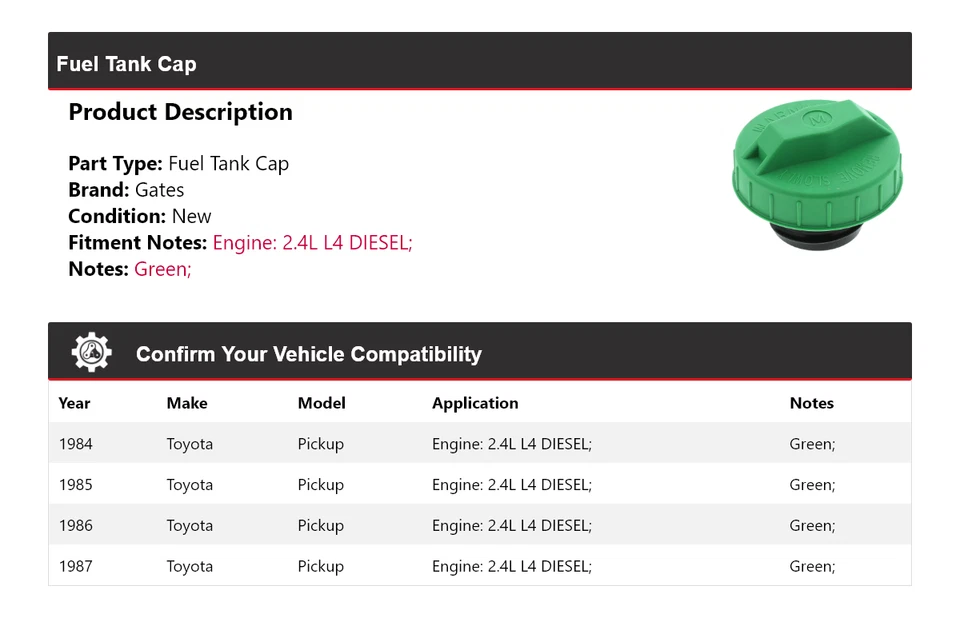 Para camioneta Toyota 1984-1987 2,4 L L4 diésel tapa tanque de combustible puertas 1985 1986 Foto 2 de 4