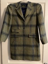 Ladies Size 10 House Of Bruar Lightweight Wool Tweed Plaid Green/blue Pea Coat
