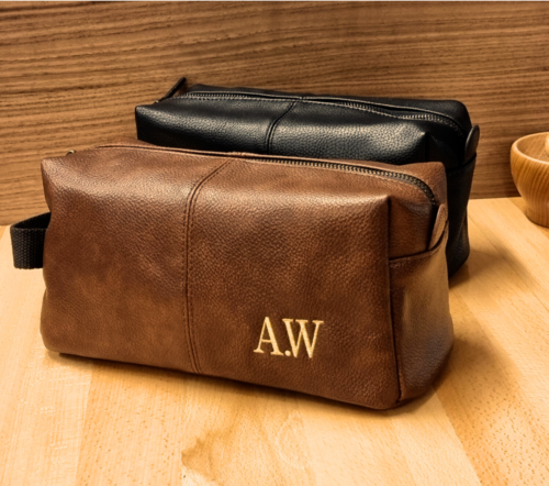 Personalised Embroidered Mens Vegan Leather Wash Bag Toilet Bag Brown/ Black - Picture 1 of 8