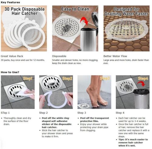 30PCS Disposable Floor Drain Bathroom Drain Hairpin Mesh Sewer Filter Sticker US - Picture 12 of 17