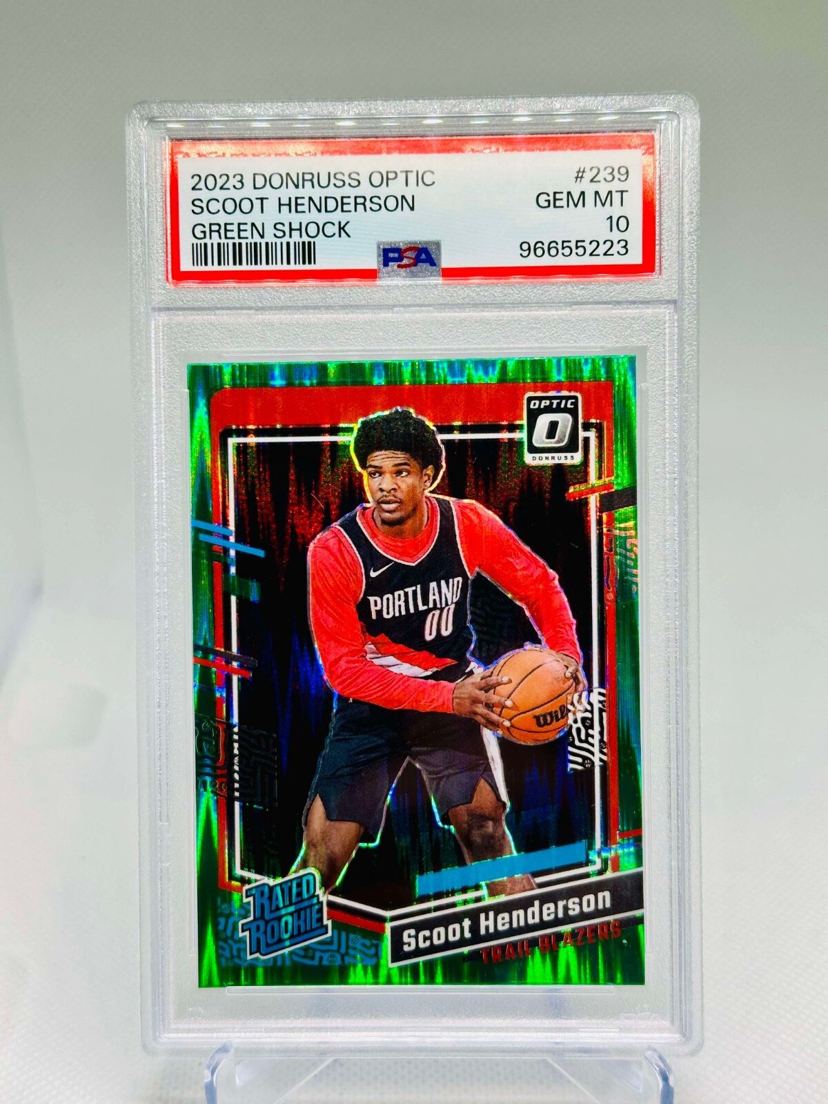 Scoot Henderson 2023 Panini Optic Green Shock #239 Rookie PSA 10 Trailblazers