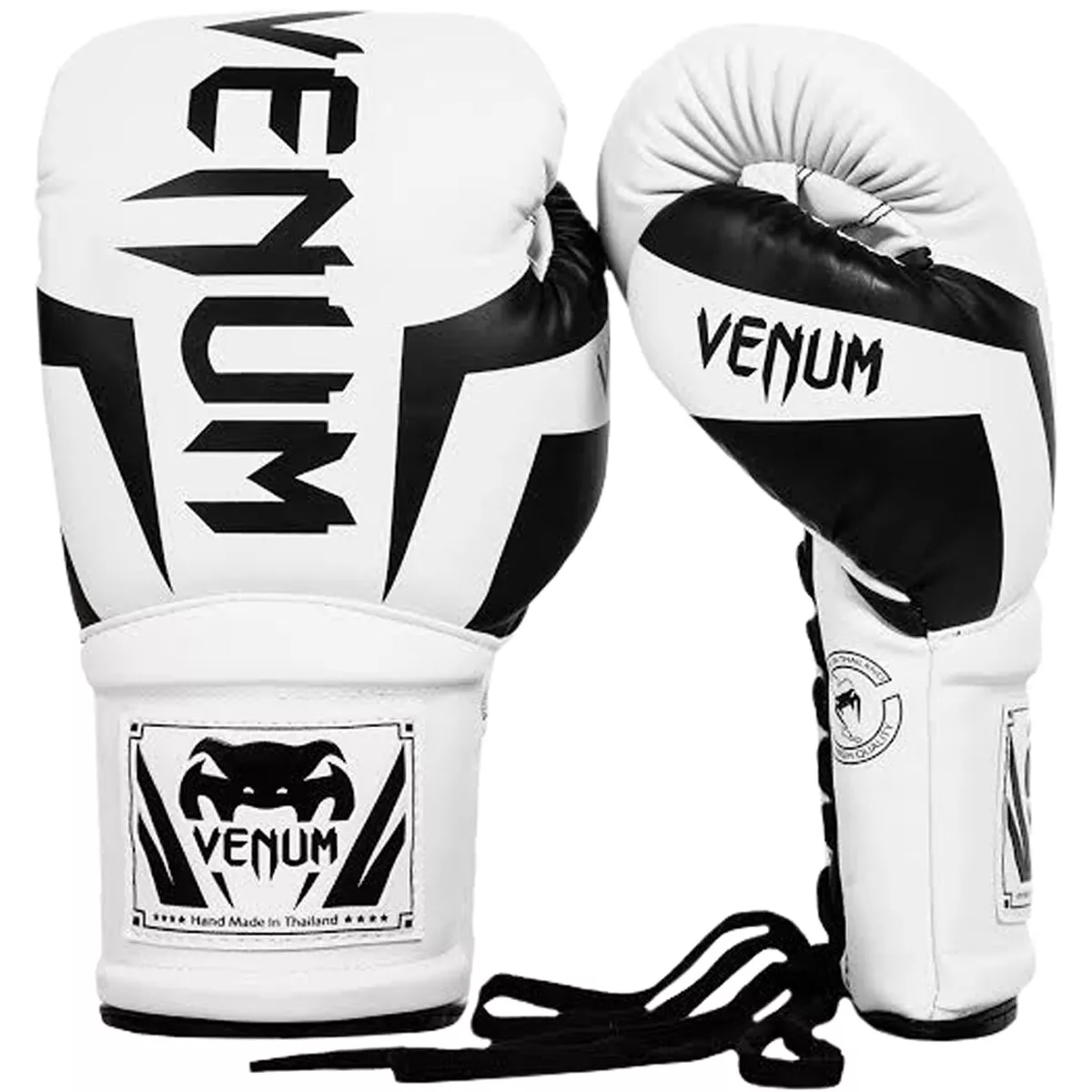 Venum Elite Long Cuff Attached Thumb Lace Up Boxing Gloves - White/Black