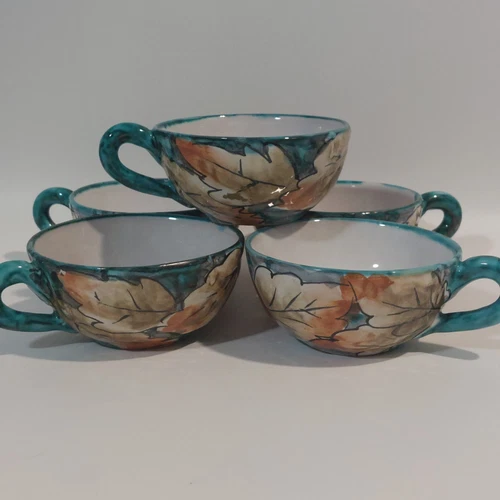 5 Fratelli Fanciullacci Hand Painted Italian Leaf Fruit Pottery Tea Coffee Cups
