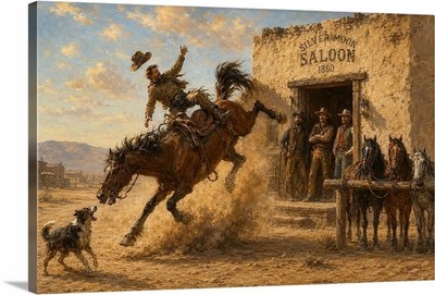 Cowboy Being Bucked Of His Horse At Saloon Old West ar t Canvas Wrap Or Poster