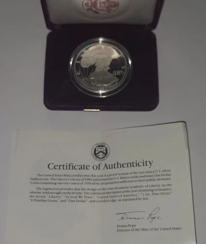 1991 American Silver Eagle Proof 1 oz .999 Silver with Box & COA