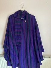 ♲Fab *AVOCA* Irish 100% Wool Purple Striped Lined Poncho Cape Cloak Scarf M♲