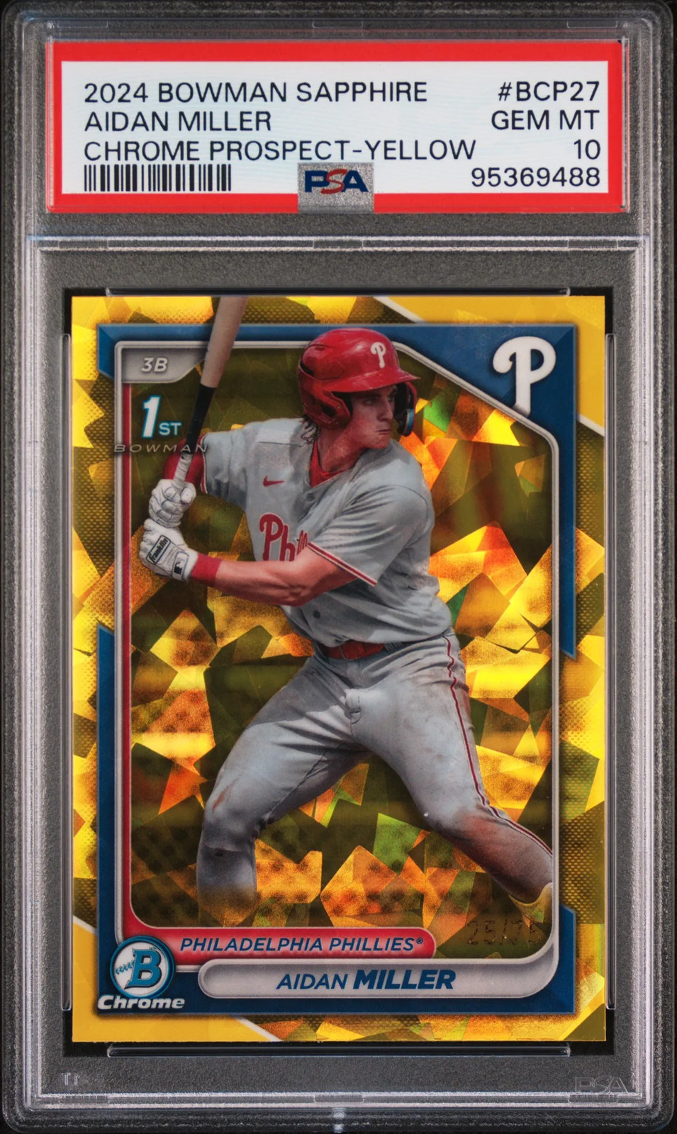 2024 Bowman Sapphire Chrome Prospects Aidan Miller - Yellow #BCP27 25/75 PSA 10