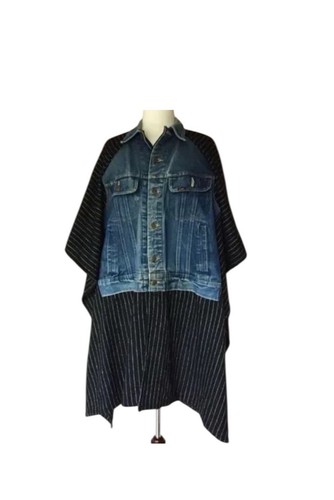 Free People Standard Form Black & White Stripe Denim Poncho(One Size) MRSP $268 - Picture 7 of 14