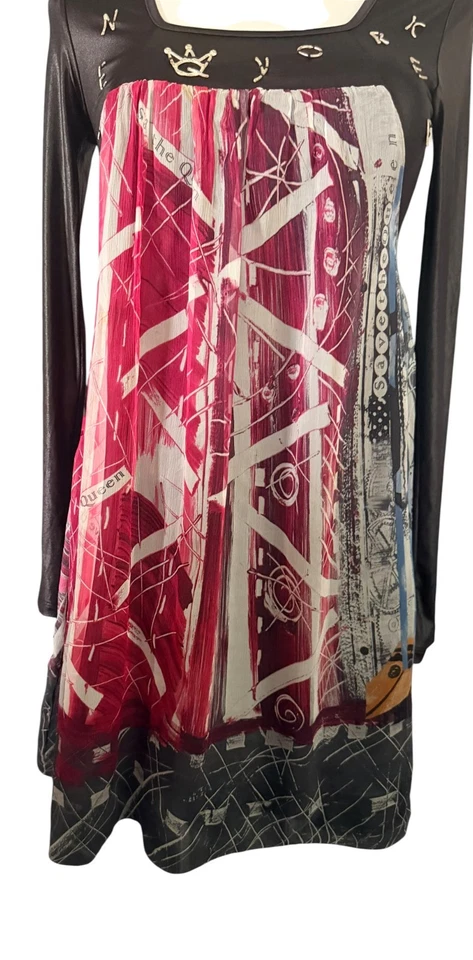 Robe Save The Queen M en soie noire rose manches longues Made in Italy - Photo 3/4