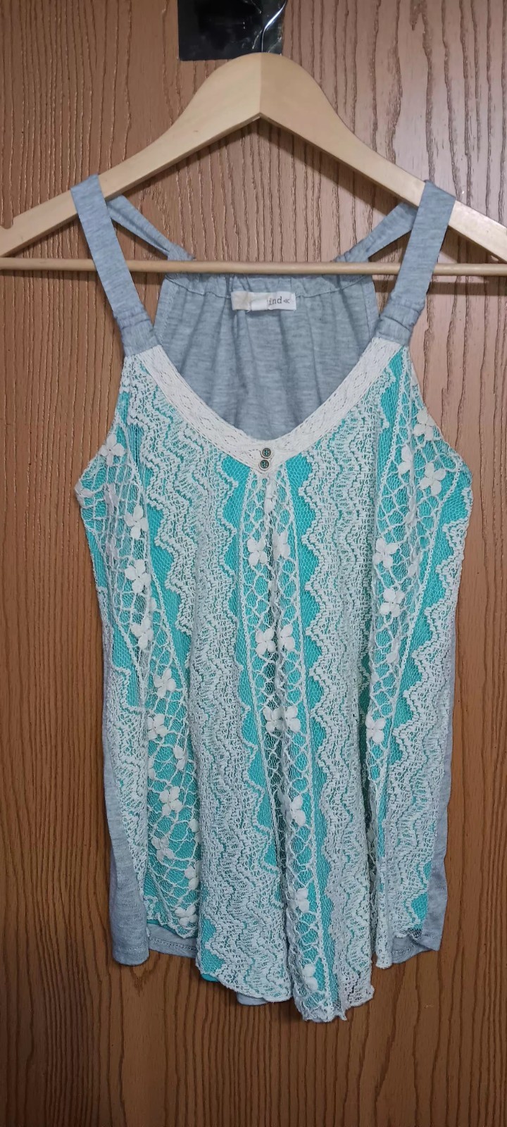 Rewind Women's Tank Top Size Small Turquoise Grey White Lace