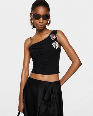 VERSACE JEANS COUTURE Y2K Schwarz Asymmetrisch One Shoulder Perlen Herz...