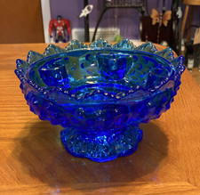 Turquoise Blue Pressed Glass Covered Candy/Trinket Jar with Quilted Diamond Pattern