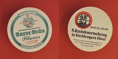 Barre Bräu 8.Kreisfeuerwehrtag Kirchlengern-Häver '78 Brauerei Bierdeckel Bier
