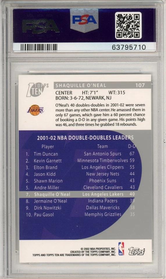 2002 Topps Ten #107 Shaquille O'Neal PSA 10 - Image 2 of 2