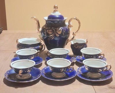 Vintage Walbrzych Polish Cobalt Blue Gold Porzellan 15tlg Teeservice Service 70er Jahre
