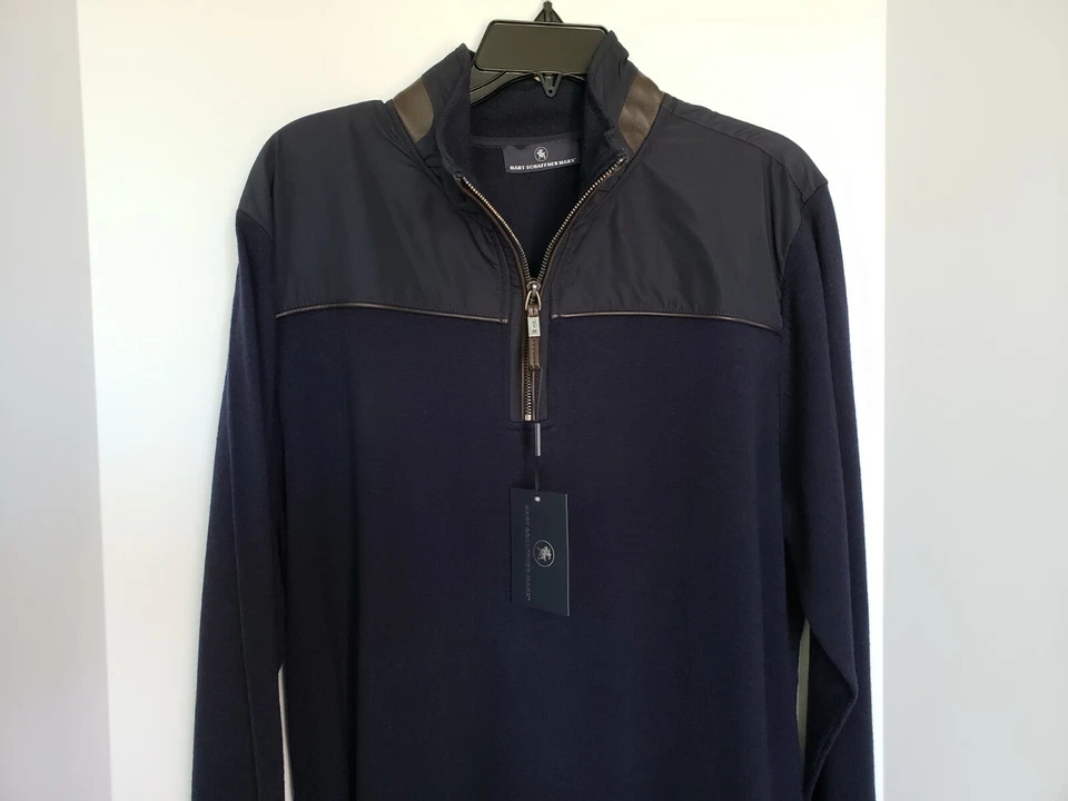 HART SCHAFFNER MARX NAVY 100% WOOL PULL-OVER L/S HALF ZIP SWEATER Sz MEDIUM NWT - Image 2 of 3