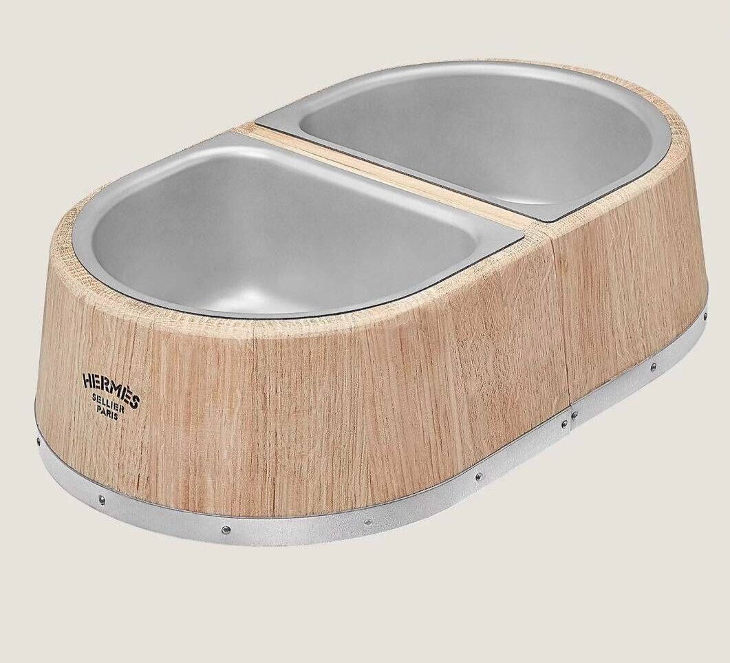 Hermes Dog Bowl PM Chaine d'Ancre Wood Stainless Steel Food Bowl