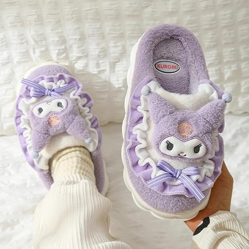 Purple Plush Slippers Cute Cartoon Faux Fur Cotton Slide Home Winter 2-3 Big Kid - Picture 3 of 6