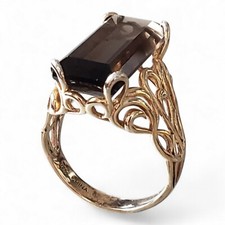 Vintage LIRM Smokey Quartz Gold Vermeil Sterling Silver Filigree Ring Size 8 1/2