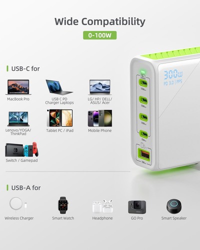 300W USB C Charger GAN Fast Charging Station 5 Ports Type C Power Adapter PD ... - Photo 4 sur 6
