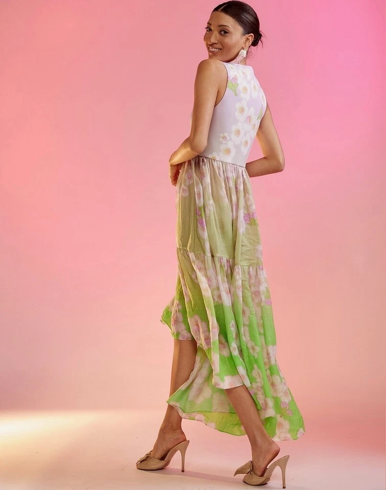 Vestido Cynthia Rowley Ramie Tier Sin Mangas Floral Alto Bajo Rosa Verde Talla Pequeña Foto 4 de 4
