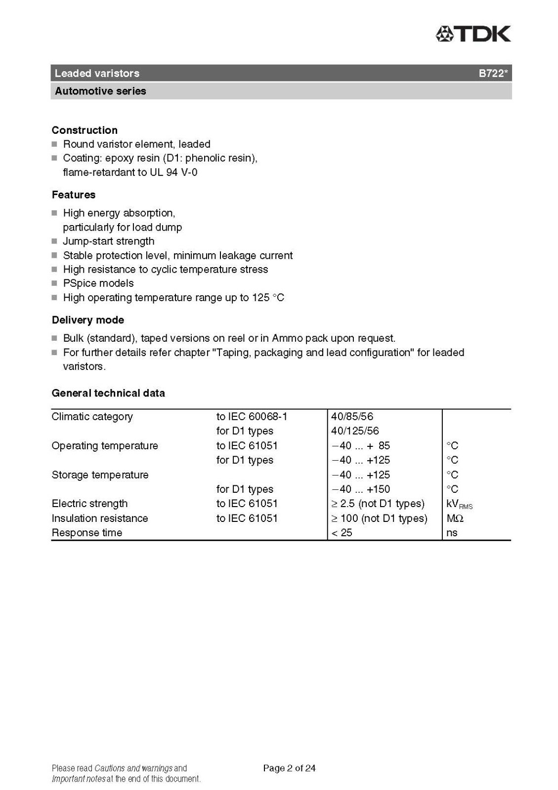 TDK Leaded Varistors EPCOS B72214S1300K102 B722 Series 34 V 30