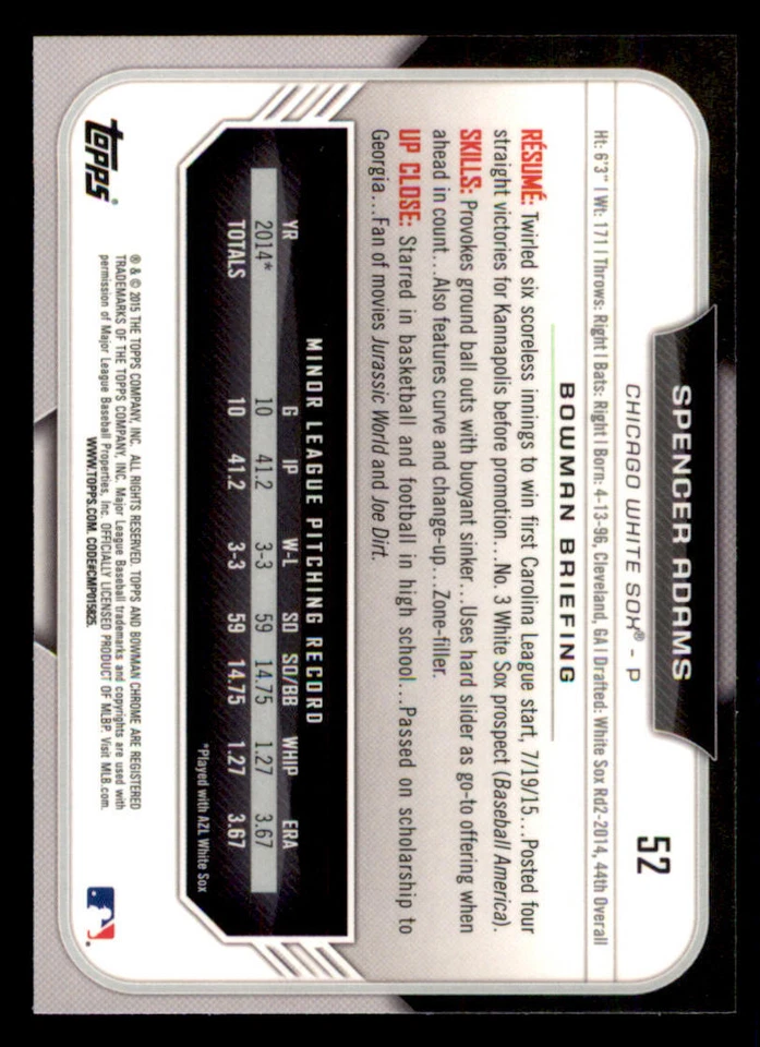 2015 Bowman Chrome Draft Refractors #52 Spencer Adams - Image 2 of 2