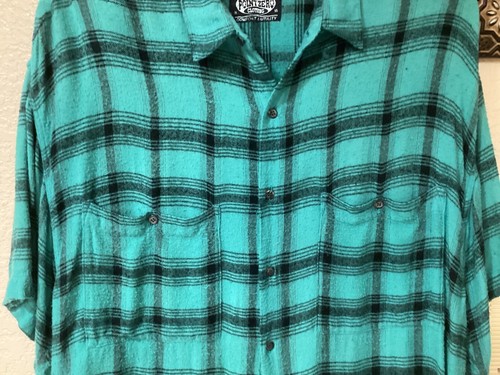 Point Zero S/S Teal/Black Plaid 100% Rayon Burlap Look Mat’l 50”Cx32”L Sz Large - Picture 3 of 7