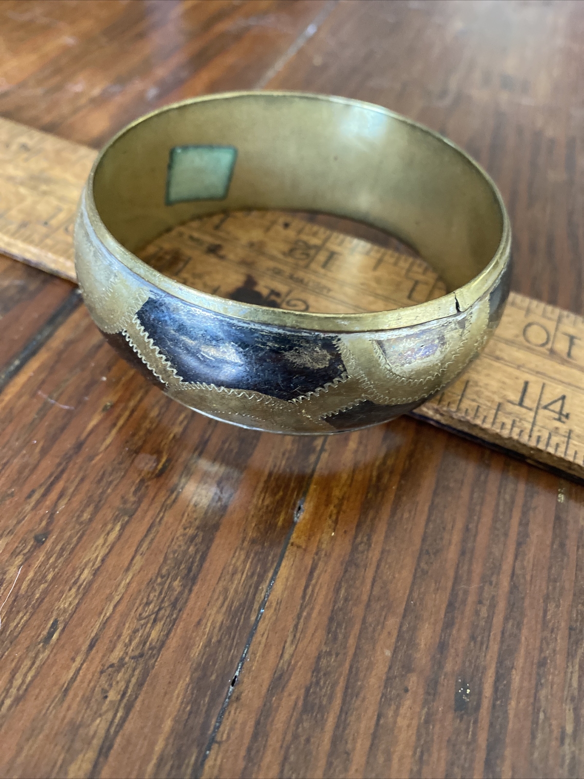 Vintage Solid  Brass Patterned Bangle Wide Bracel… - image 1